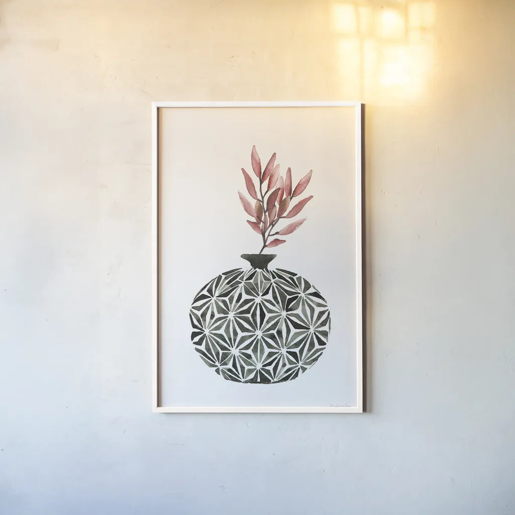 Geometric Vases IV by Mercedes Lopez Charro. shown as a paper print in a white frame. Available as a archival giclee rolled canvas, fine art paper, or poster print. SKU 64165h.