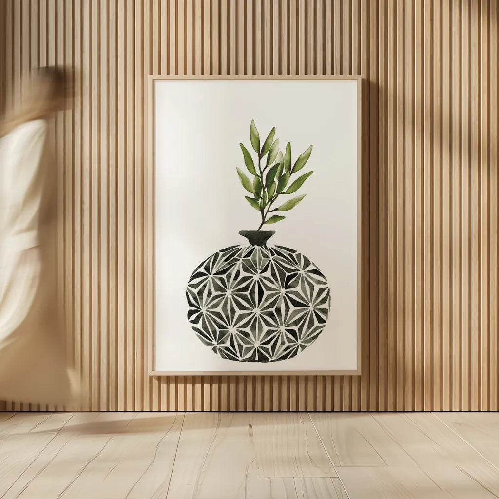 Geometric Vases IV Green by Mercedes Lopez Charro. shown as over sized large wall art. Available as an archival giclee rolled canvas, fine art paper, or poster print. SKU 65926h.