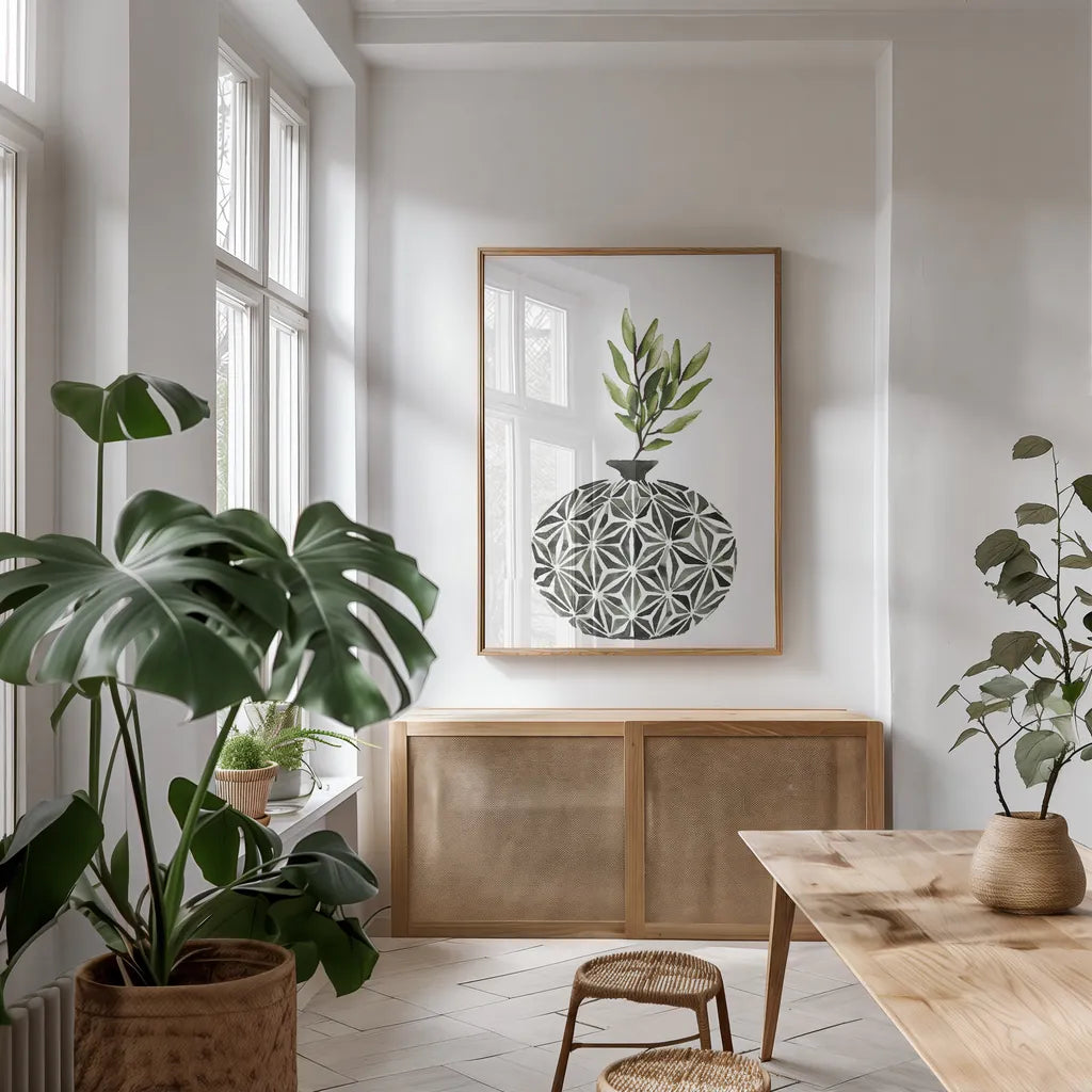 Geometric Vases IV Green by Mercedes Lopez Charro. shown as a print in a natural wood frame in a dining room. Available as a archival giclee rolled canvas, fine art paper, or poster print. SKU 65926h.
