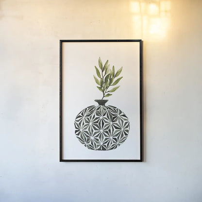 Geometric Vases IV Green by Mercedes Lopez Charro. shown as a paper print in a black flame. Available as a archival giclee rolled canvas, fine art paper, or poster print. SKU 65926h.