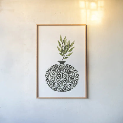 Geometric Vases IV Green by Mercedes Lopez Charro. shown as a paper print in a natural frame. Available as a archival giclee rolled canvas, fine art paper, or poster print. SKU 65926h.