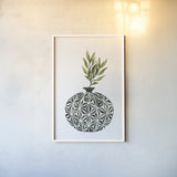 Geometric Vases IV Green by Mercedes Lopez Charro. shown as a paper print in a white frame. Available as a archival giclee rolled canvas, fine art paper, or poster print. SKU 65926h.