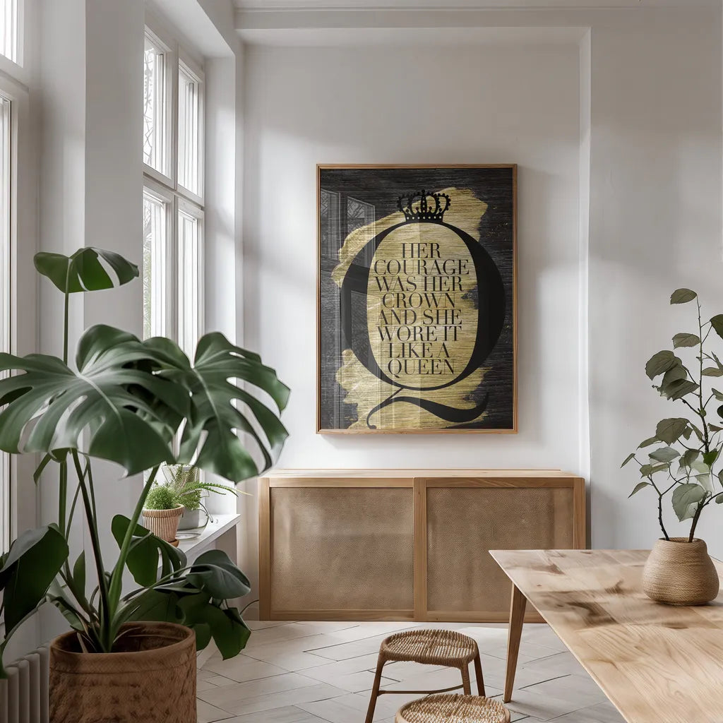 Gilded Life I by Mercedes Lopez Charro. shown as a print in a natural wood frame in a dining room. Available as a archival giclee rolled canvas, fine art paper, or poster print. SKU 64834h.