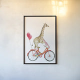 Giraffe Joy Ride I by Mercedes Lopez Charro. shown as a paper print in a black flame. Available as a archival giclee rolled canvas, fine art paper, or poster print. SKU 73181h.