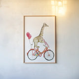 Giraffe Joy Ride I by Mercedes Lopez Charro. shown as a paper print in a natural frame. Available as a archival giclee rolled canvas, fine art paper, or poster print. SKU 73181h.
