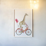 Giraffe Joy Ride I by Mercedes Lopez Charro. shown as a paper print in a white frame. Available as a archival giclee rolled canvas, fine art paper, or poster print. SKU 73181h.