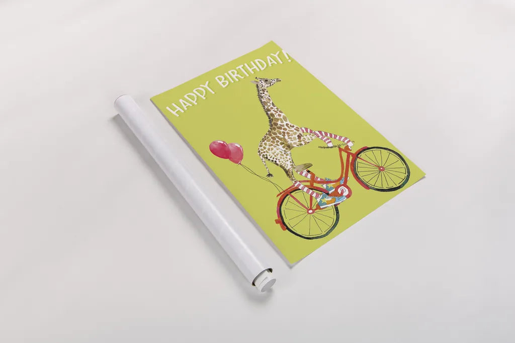 Giraffe Joy Ride I Birthday by Mercedes Lopez Charro. shown as a rolled paper print. Available as archival giclee rolled canvas, fine art paper, or poster print. SKU 78198h.