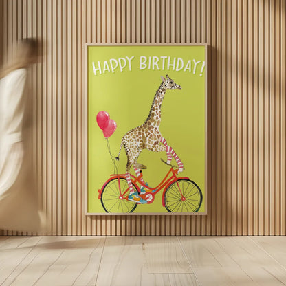 Giraffe Joy Ride I Birthday by Mercedes Lopez Charro. shown as over sized large wall art. Available as an archival giclee rolled canvas, fine art paper, or poster print. SKU 78198h.