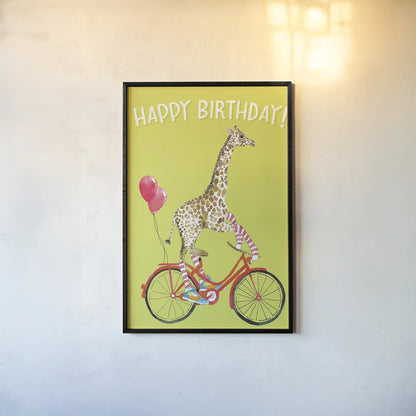 Giraffe Joy Ride I Birthday by Mercedes Lopez Charro. shown as a paper print in a black flame. Available as a archival giclee rolled canvas, fine art paper, or poster print. SKU 78198h.