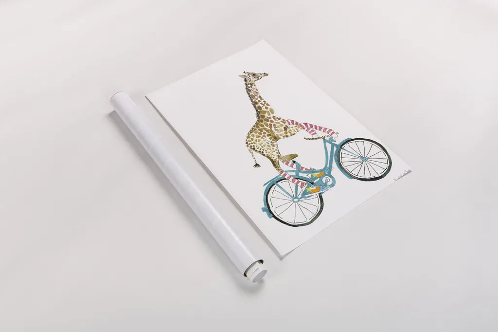 Giraffe Joy Ride I No Balloons by Mercedes Lopez Charro. shown as a rolled paper print. Available as archival giclee rolled canvas, fine art paper, or poster print. SKU 76120h.
