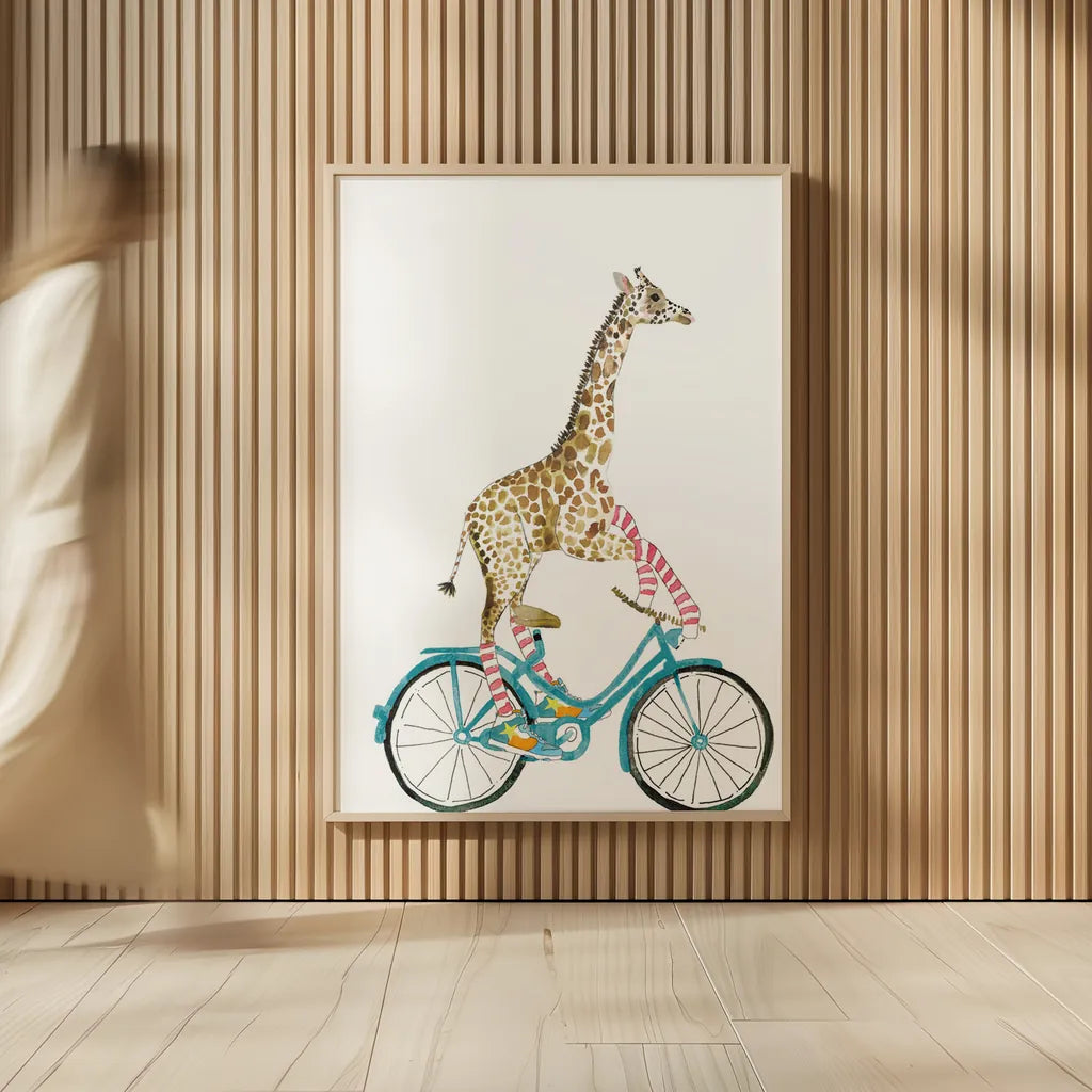 Giraffe Joy Ride I No Balloons by Mercedes Lopez Charro. shown as over sized large wall art. Available as an archival giclee rolled canvas, fine art paper, or poster print. SKU 76120h.