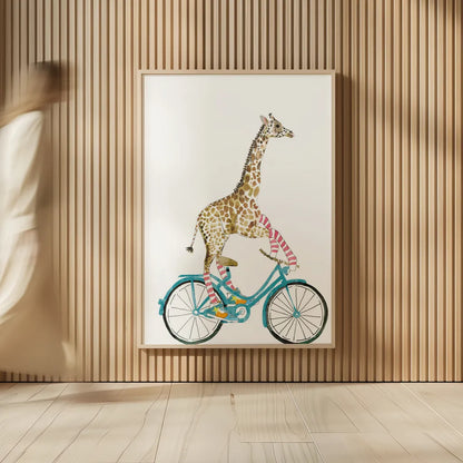 Giraffe Joy Ride I No Balloons by Mercedes Lopez Charro. shown as over sized large wall art. Available as an archival giclee rolled canvas, fine art paper, or poster print. SKU 76120h.