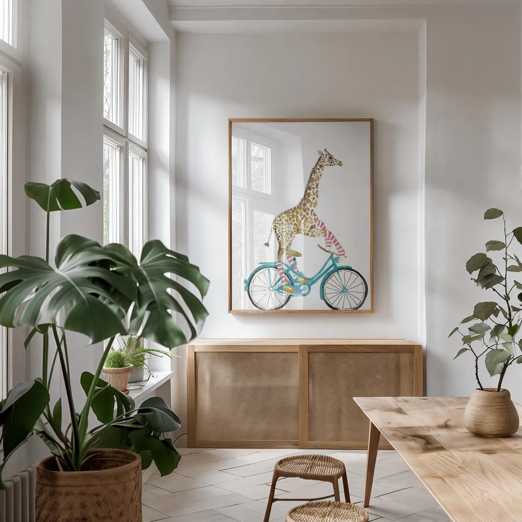 Giraffe Joy Ride I No Balloons by Mercedes Lopez Charro. shown as a print in a natural wood frame in a dining room. Available as a archival giclee rolled canvas, fine art paper, or poster print. SKU 76120h.