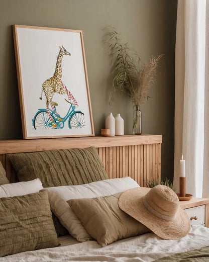 Giraffe Joy Ride I No Balloons by Mercedes Lopez Charro. shown as a paper print in a natural frame. Available as a archival giclee rolled canvas, fine art paper, or poster print. SKU 76120h.