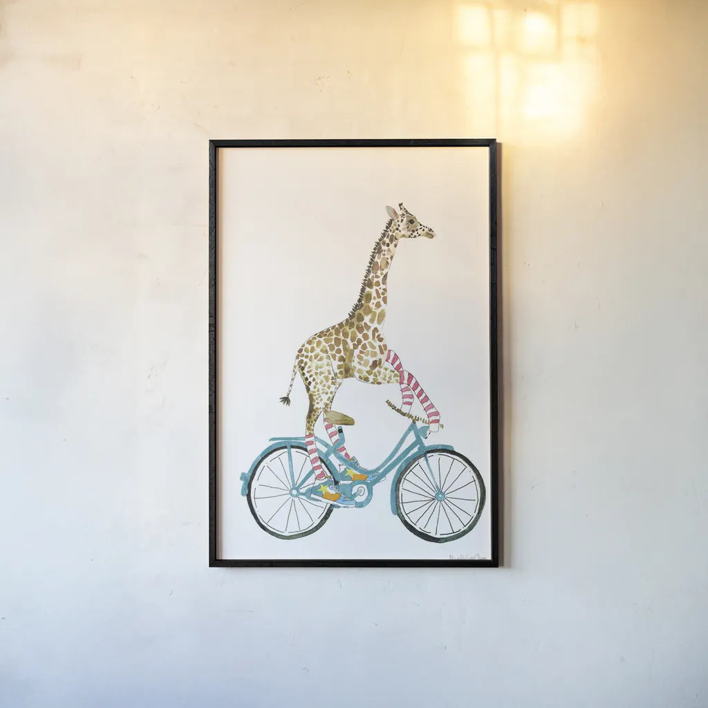 Giraffe Joy Ride I No Balloons by Mercedes Lopez Charro. shown as a paper print in a black flame. Available as a archival giclee rolled canvas, fine art paper, or poster print. SKU 76120h.