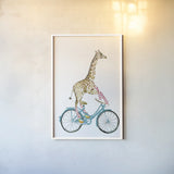 Giraffe Joy Ride I No Balloons by Mercedes Lopez Charro. shown as a paper print in a white frame. Available as a archival giclee rolled canvas, fine art paper, or poster print. SKU 76120h.