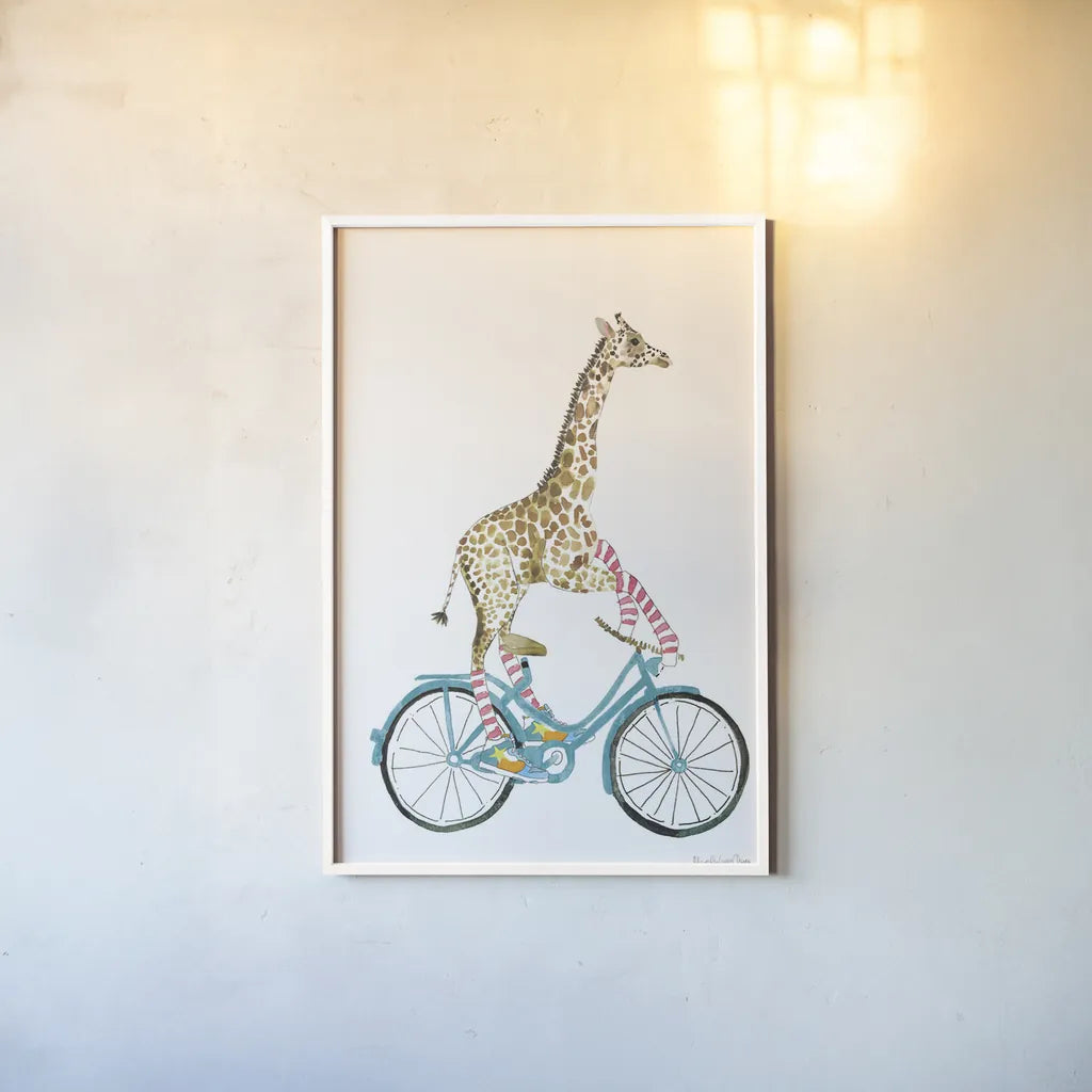 Giraffe Joy Ride I No Balloons by Mercedes Lopez Charro. shown as a paper print in a white frame. Available as a archival giclee rolled canvas, fine art paper, or poster print. SKU 76120h.