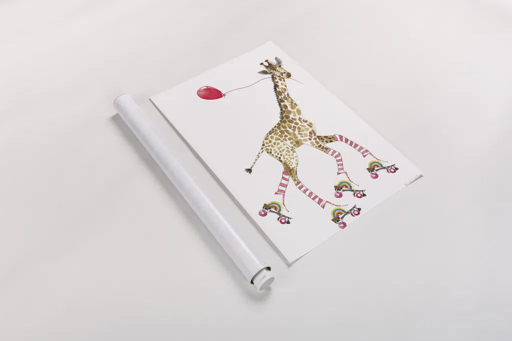 Giraffe Joy Ride II by Mercedes Lopez Charro. shown as a rolled paper print. Available as archival giclee rolled canvas, fine art paper, or poster print. SKU 73182h.