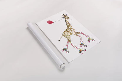 Giraffe Joy Ride II by Mercedes Lopez Charro. shown as a rolled paper print. Available as archival giclee rolled canvas, fine art paper, or poster print. SKU 73182h.