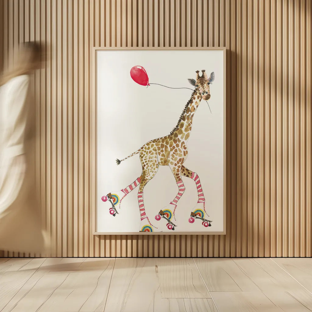 Giraffe Joy Ride II by Mercedes Lopez Charro. shown as over sized large wall art. Available as an archival giclee rolled canvas, fine art paper, or poster print. SKU 73182h.