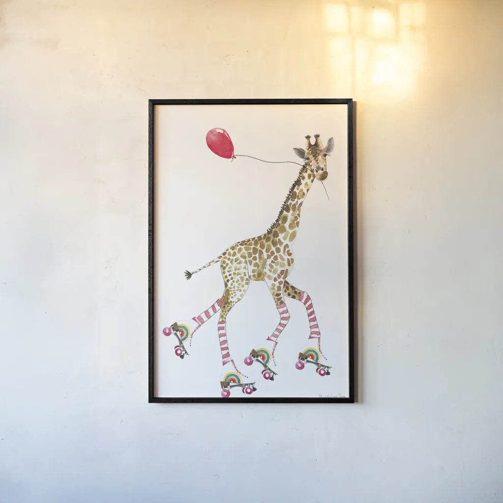 Giraffe Joy Ride II by Mercedes Lopez Charro. shown as a paper print in a black flame. Available as a archival giclee rolled canvas, fine art paper, or poster print. SKU 73182h.