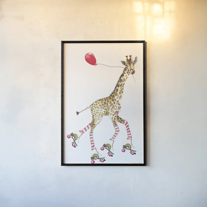 Giraffe Joy Ride II by Mercedes Lopez Charro. shown as a paper print in a black flame. Available as a archival giclee rolled canvas, fine art paper, or poster print. SKU 73182h.