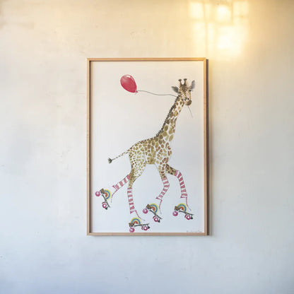 Giraffe Joy Ride II by Mercedes Lopez Charro. shown as a paper print in a natural frame. Available as a archival giclee rolled canvas, fine art paper, or poster print. SKU 73182h.