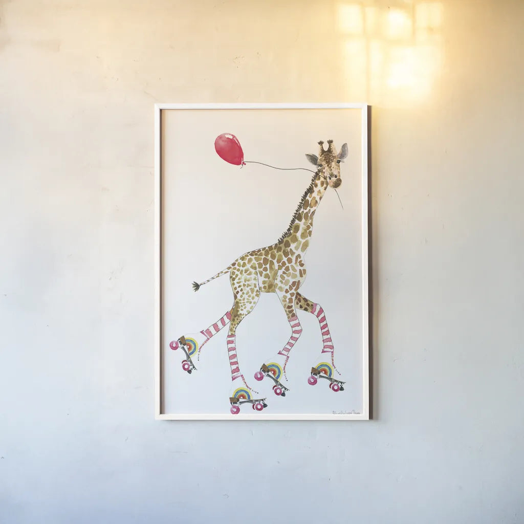 Giraffe Joy Ride II by Mercedes Lopez Charro. shown as a paper print in a white frame. Available as a archival giclee rolled canvas, fine art paper, or poster print. SKU 73182h.