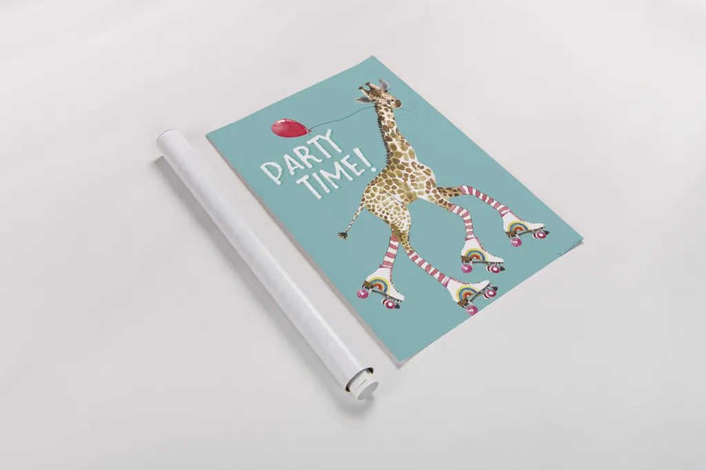 Giraffe Joy Ride II Birthday by Mercedes Lopez Charro. shown as a rolled paper print. Available as archival giclee rolled canvas, fine art paper, or poster print. SKU 78199h.