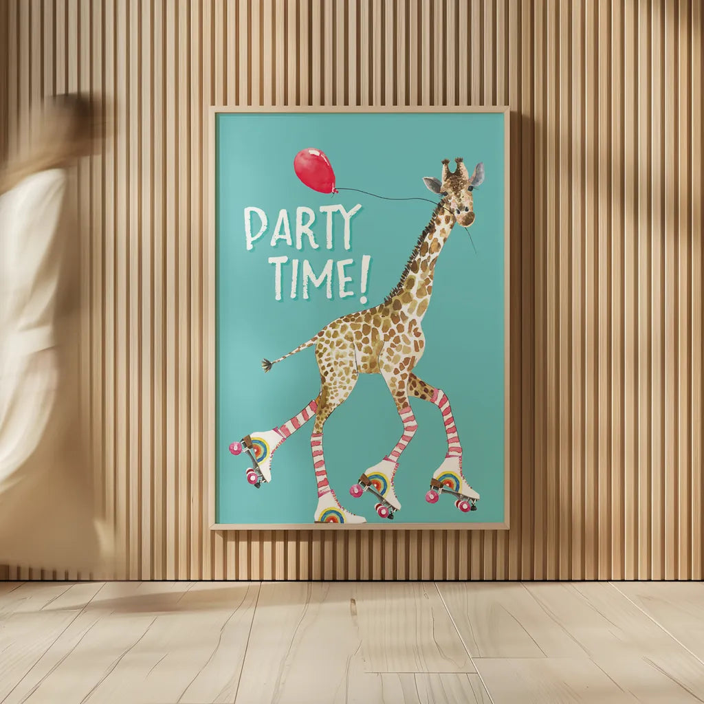 Giraffe Joy Ride II Birthday by Mercedes Lopez Charro. shown as over sized large wall art. Available as an archival giclee rolled canvas, fine art paper, or poster print. SKU 78199h.