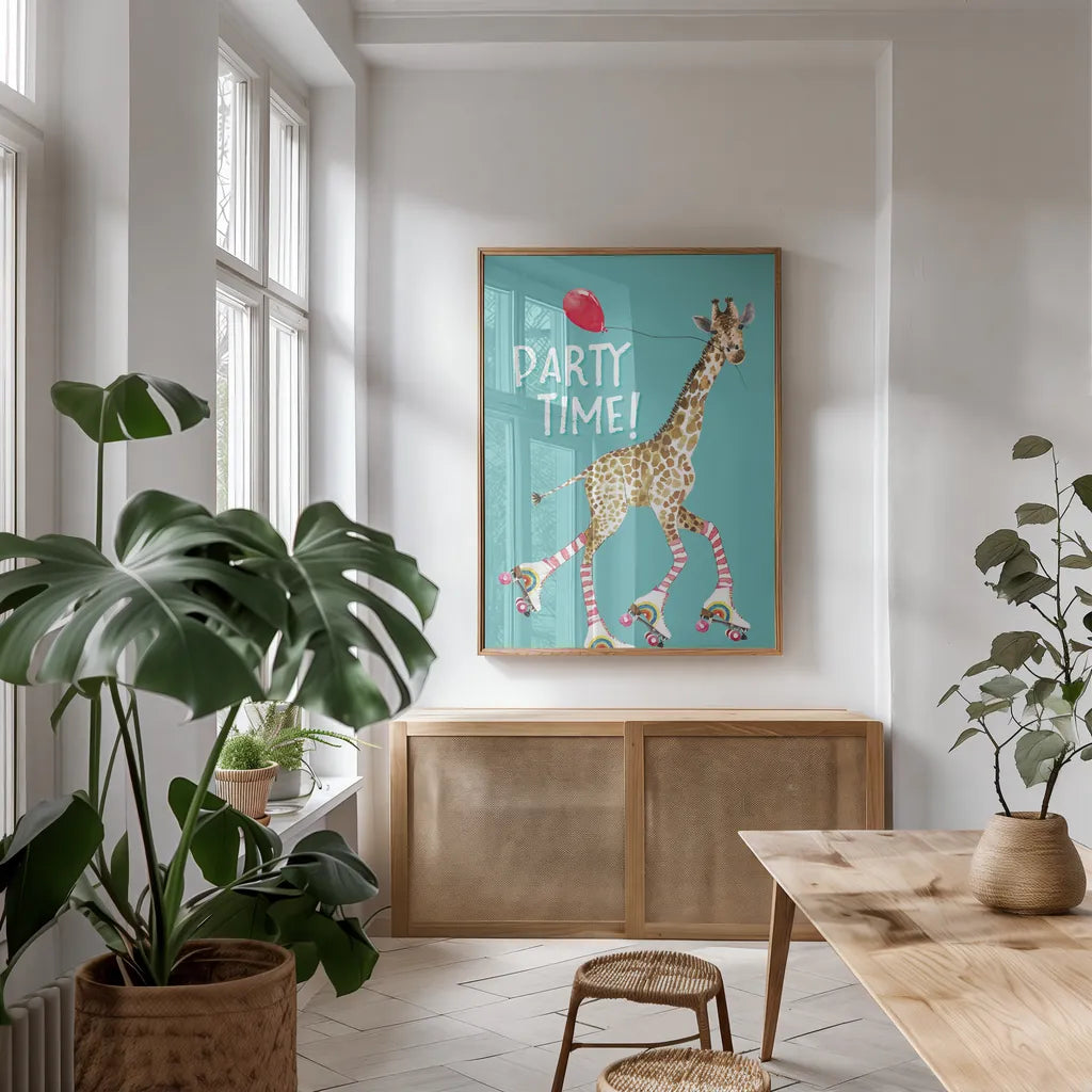 Giraffe Joy Ride II Birthday by Mercedes Lopez Charro. shown as a print in a natural wood frame in a dining room. Available as a archival giclee rolled canvas, fine art paper, or poster print. SKU 78199h.
