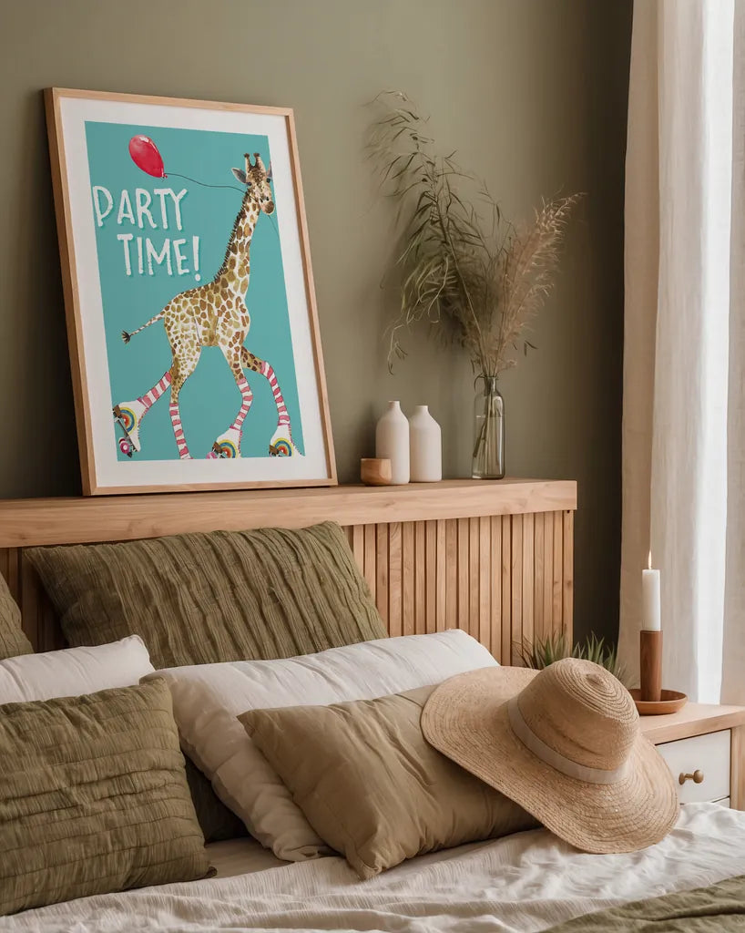 Giraffe Joy Ride II Birthday by Mercedes Lopez Charro. shown as a paper print in a natural frame. Available as a archival giclee rolled canvas, fine art paper, or poster print. SKU 78199h.