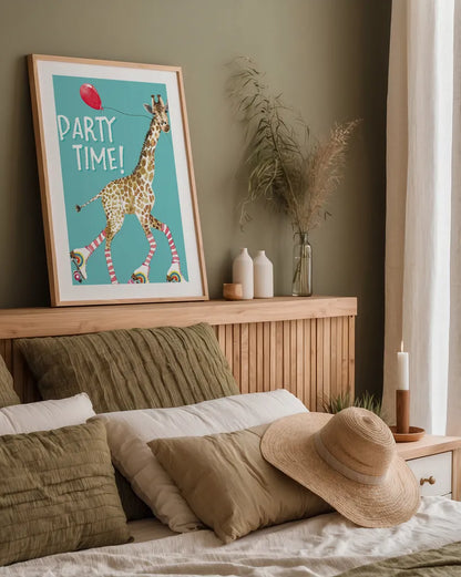 Giraffe Joy Ride II Birthday by Mercedes Lopez Charro. shown as a paper print in a natural frame. Available as a archival giclee rolled canvas, fine art paper, or poster print. SKU 78199h.