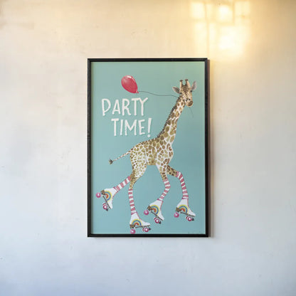 Giraffe Joy Ride II Birthday by Mercedes Lopez Charro. shown as a paper print in a black flame. Available as a archival giclee rolled canvas, fine art paper, or poster print. SKU 78199h.