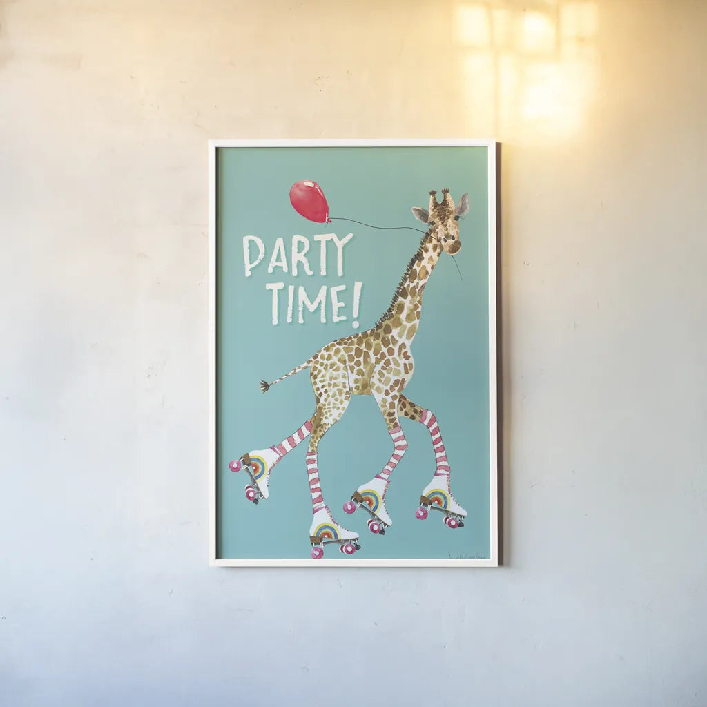 Giraffe Joy Ride II Birthday by Mercedes Lopez Charro. shown as a paper print in a white frame. Available as a archival giclee rolled canvas, fine art paper, or poster print. SKU 78199h.
