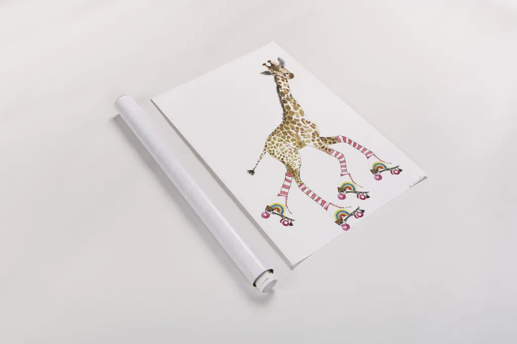 Giraffe Joy Ride II No Balloons by Mercedes Lopez Charro. shown as a rolled paper print. Available as archival giclee rolled canvas, fine art paper, or poster print. SKU 76121h.