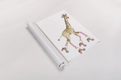 Giraffe Joy Ride II No Balloons by Mercedes Lopez Charro. shown as a rolled paper print. Available as archival giclee rolled canvas, fine art paper, or poster print. SKU 76121h.
