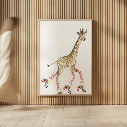Giraffe Joy Ride II No Balloons by Mercedes Lopez Charro. shown as over sized large wall art. Available as an archival giclee rolled canvas, fine art paper, or poster print. SKU 76121h.