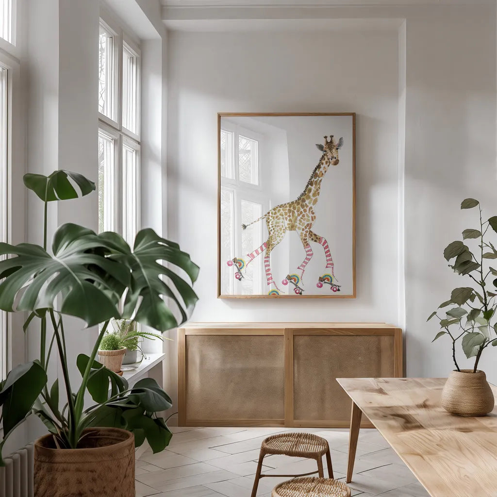 Giraffe Joy Ride II No Balloons by Mercedes Lopez Charro. shown as a print in a natural wood frame in a dining room. Available as a archival giclee rolled canvas, fine art paper, or poster print. SKU 76121h.