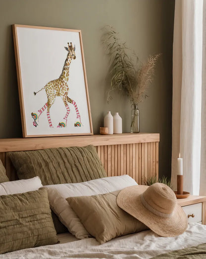 Giraffe Joy Ride II No Balloons by Mercedes Lopez Charro. shown as a paper print in a natural frame. Available as a archival giclee rolled canvas, fine art paper, or poster print. SKU 76121h.