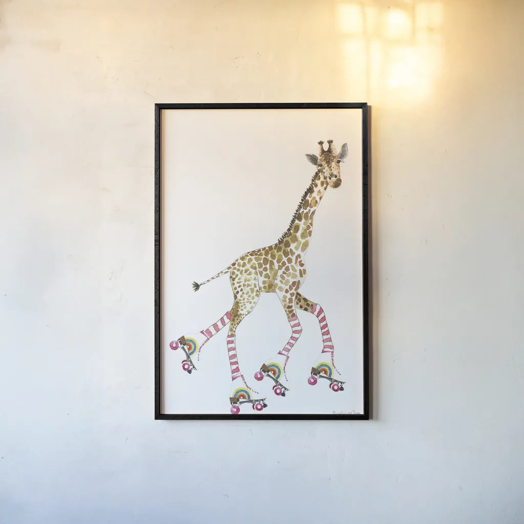 Giraffe Joy Ride II No Balloons by Mercedes Lopez Charro. shown as a paper print in a black flame. Available as a archival giclee rolled canvas, fine art paper, or poster print. SKU 76121h.