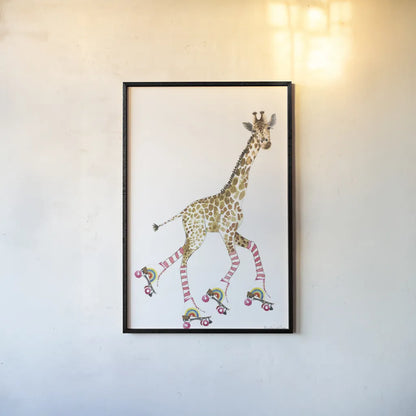 Giraffe Joy Ride II No Balloons by Mercedes Lopez Charro. shown as a paper print in a black flame. Available as a archival giclee rolled canvas, fine art paper, or poster print. SKU 76121h.