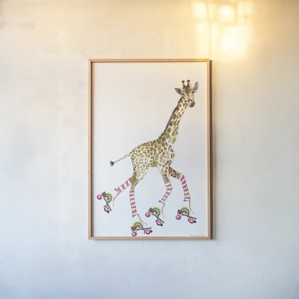 Giraffe Joy Ride II No Balloons by Mercedes Lopez Charro. shown as a paper print in a natural frame. Available as a archival giclee rolled canvas, fine art paper, or poster print. SKU 76121h.