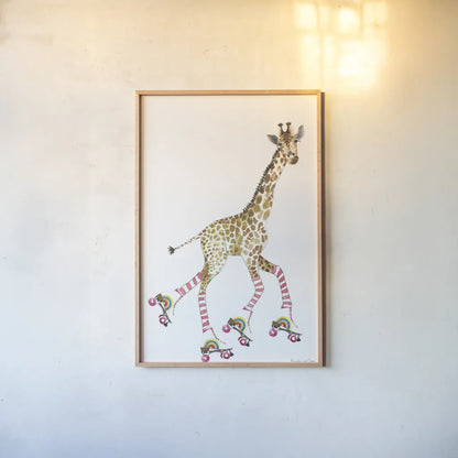 Giraffe Joy Ride II No Balloons by Mercedes Lopez Charro. shown as a paper print in a natural frame. Available as a archival giclee rolled canvas, fine art paper, or poster print. SKU 76121h.