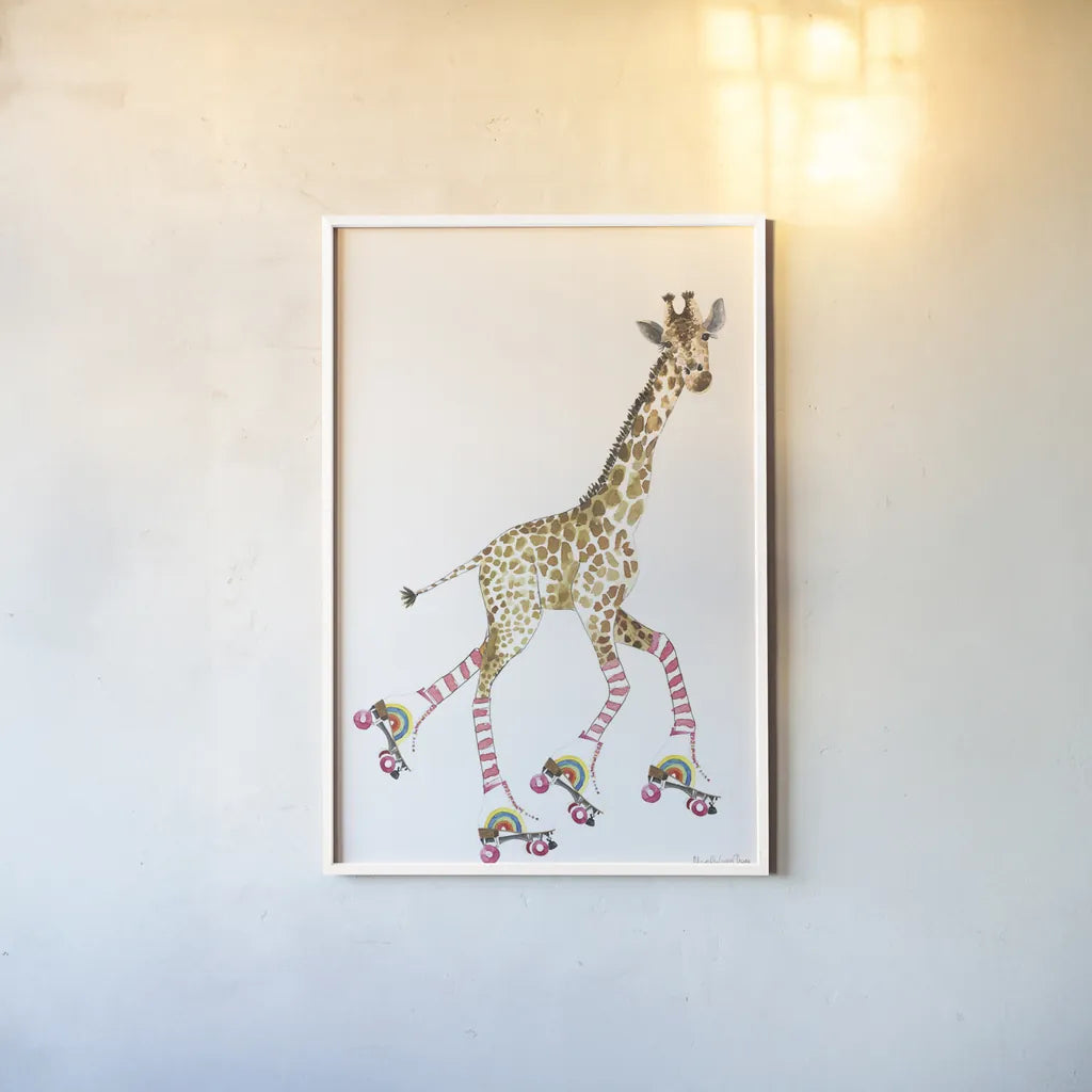 Giraffe Joy Ride II No Balloons by Mercedes Lopez Charro. shown as a paper print in a white frame. Available as a archival giclee rolled canvas, fine art paper, or poster print. SKU 76121h.