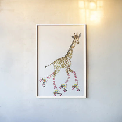 Giraffe Joy Ride II No Balloons by Mercedes Lopez Charro. shown as a paper print in a white frame. Available as a archival giclee rolled canvas, fine art paper, or poster print. SKU 76121h.