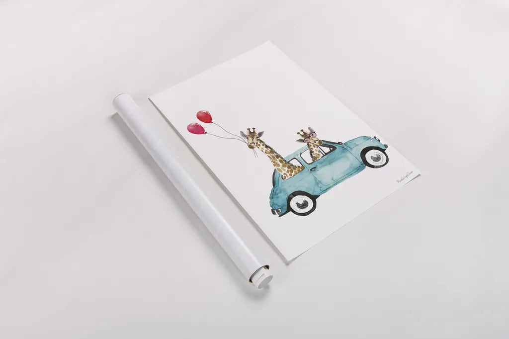 Giraffe Joy Ride III by Mercedes Lopez Charro. shown as a rolled paper print. Available as archival giclee rolled canvas, fine art paper, or poster print. SKU 73183h.