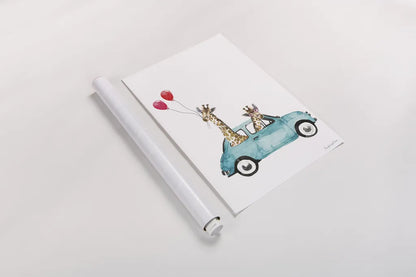 Giraffe Joy Ride III by Mercedes Lopez Charro. shown as a rolled paper print. Available as archival giclee rolled canvas, fine art paper, or poster print. SKU 73183h.