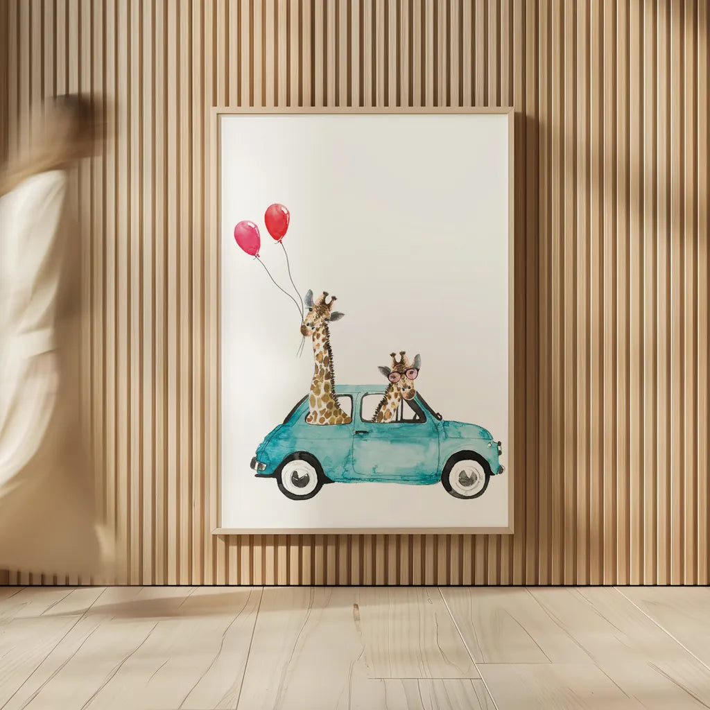 Giraffe Joy Ride III by Mercedes Lopez Charro. shown as over sized large wall art. Available as an archival giclee rolled canvas, fine art paper, or poster print. SKU 73183h.