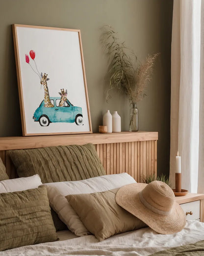 Giraffe Joy Ride III by Mercedes Lopez Charro. shown as a paper print in a natural frame. Available as a archival giclee rolled canvas, fine art paper, or poster print. SKU 73183h.